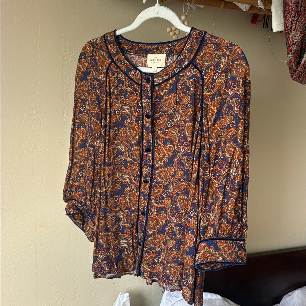 Sezane Paisley Blouse in Navy and Orange - Picture 5 of 7